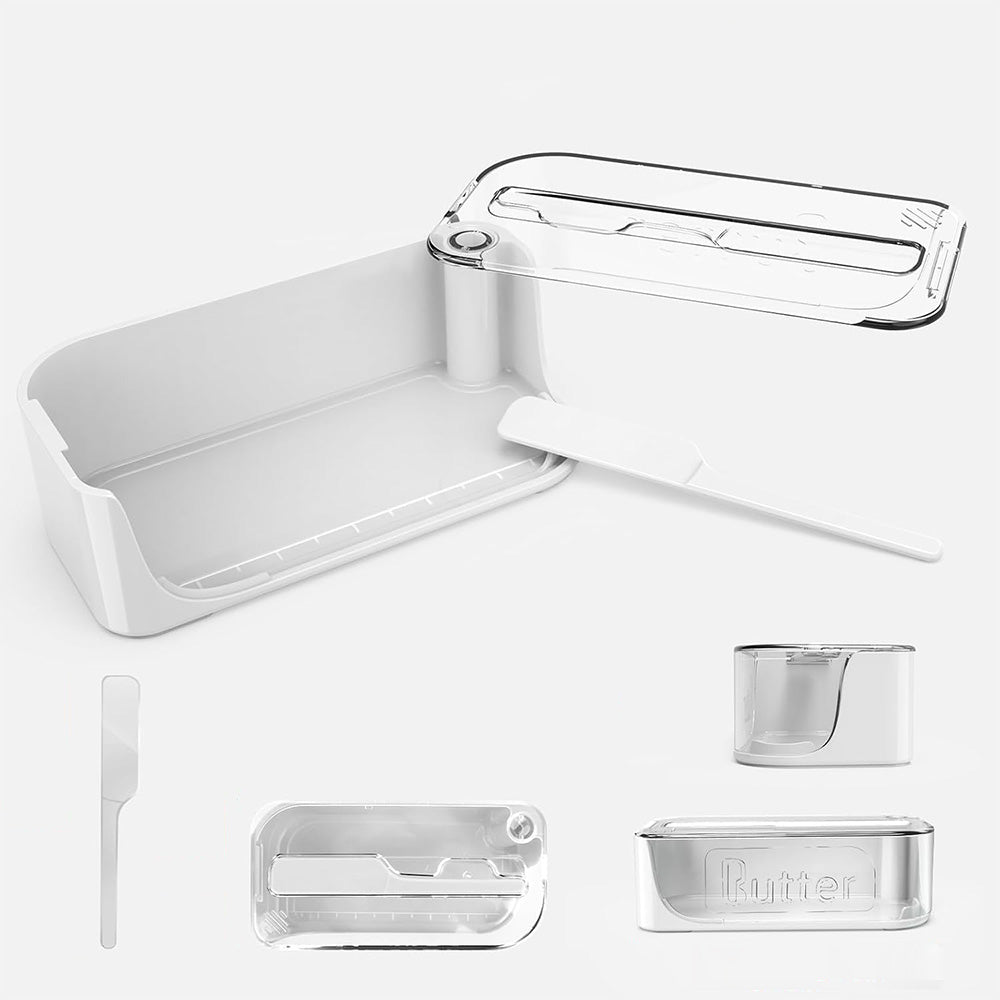 Plastic Butter Dish with Lid and Scale Line Butter Container with 180 Degrees Rotating Sealing Flip-Top for Countertop Fridge White