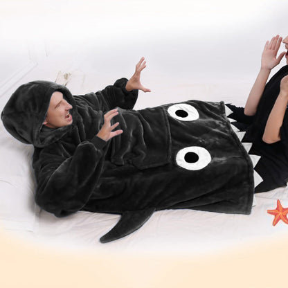 Shark Hoodie Blanket Cartoon Sleeping Wearable Adult Throw Blanket Black