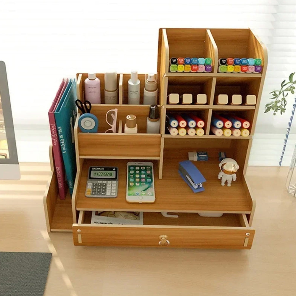 6 Compartment Wooden Desk Organizer with Drawers Art Supplies Storage Desktop Stationary-Khaki