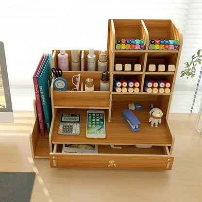 6 Compartment Wooden Desk Organizer with Drawers Art Supplies Storage Desktop Stationary-Khaki