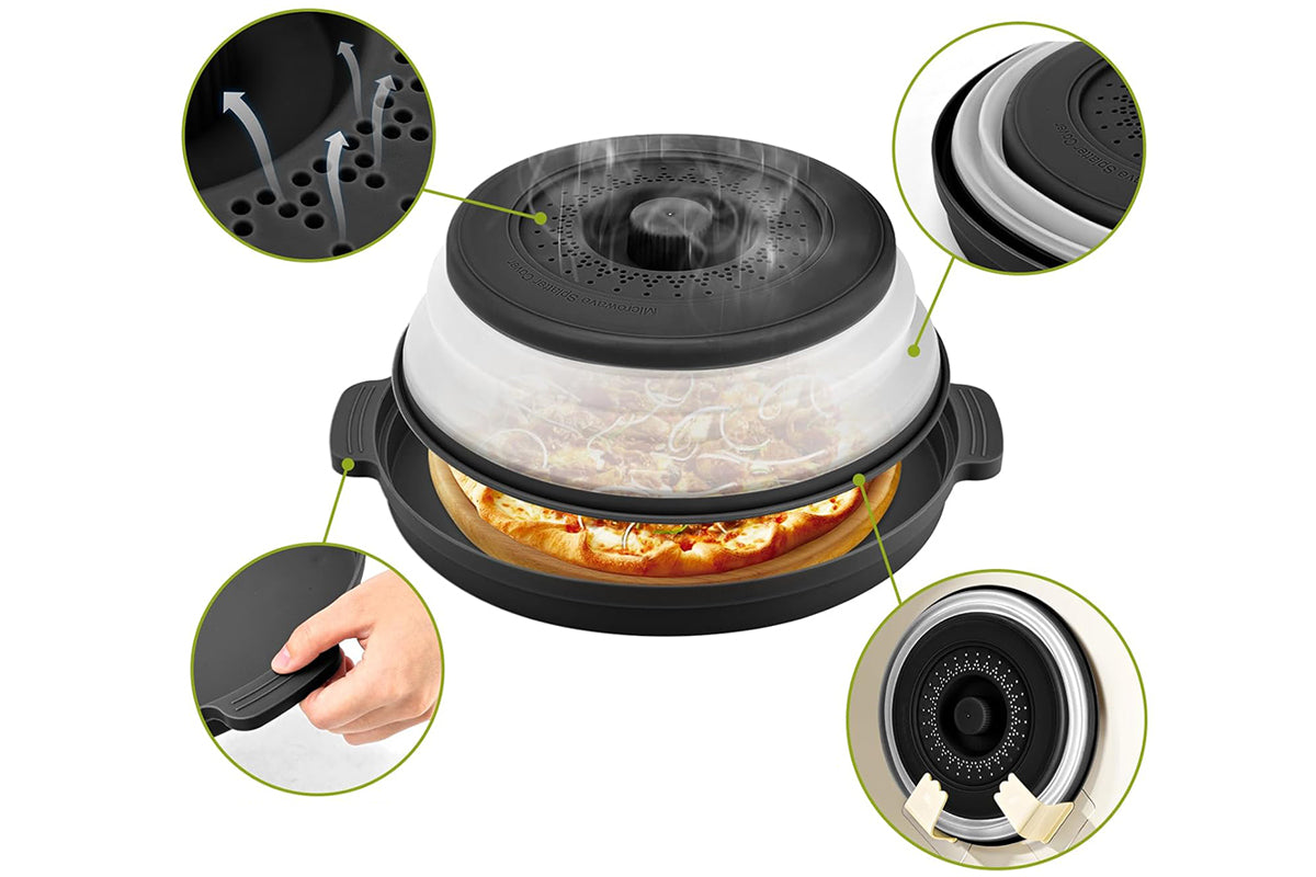 Microwave Food Splatter Cover with Drip Tray and Handles-Black