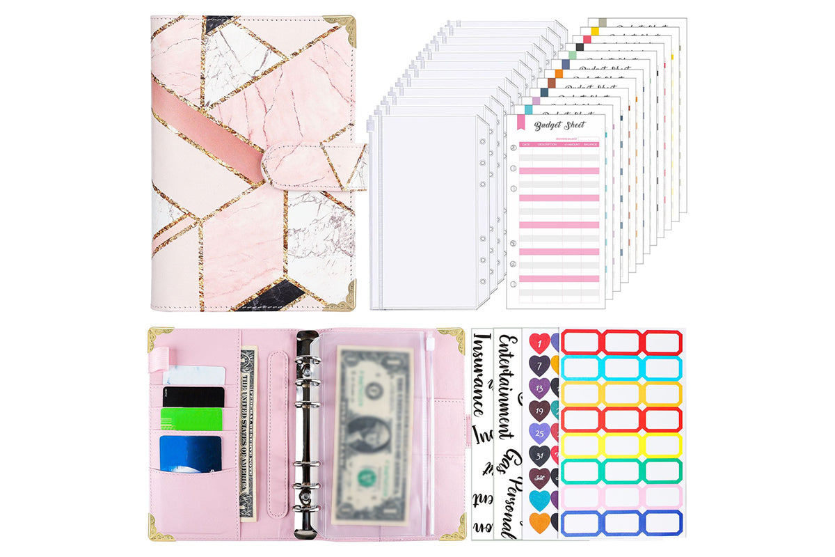 PU Leather Binder Money Organizer Cash Envelopes With 12 Zipper-Pink