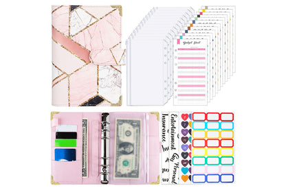 PU Leather Binder Money Organizer Cash Envelopes With 12 Zipper-Pink