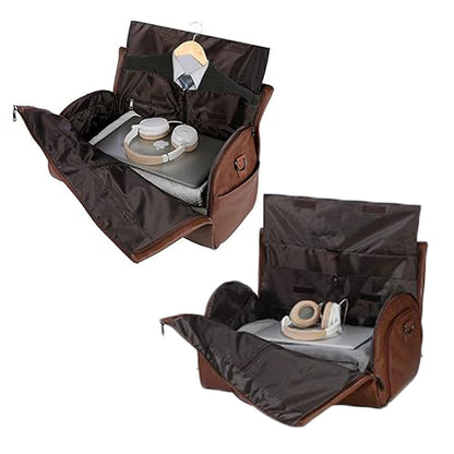 Foldable Carry on Duffel Bag PU Leather Overnight Luggage Bag With Shoes Compartment-Brown