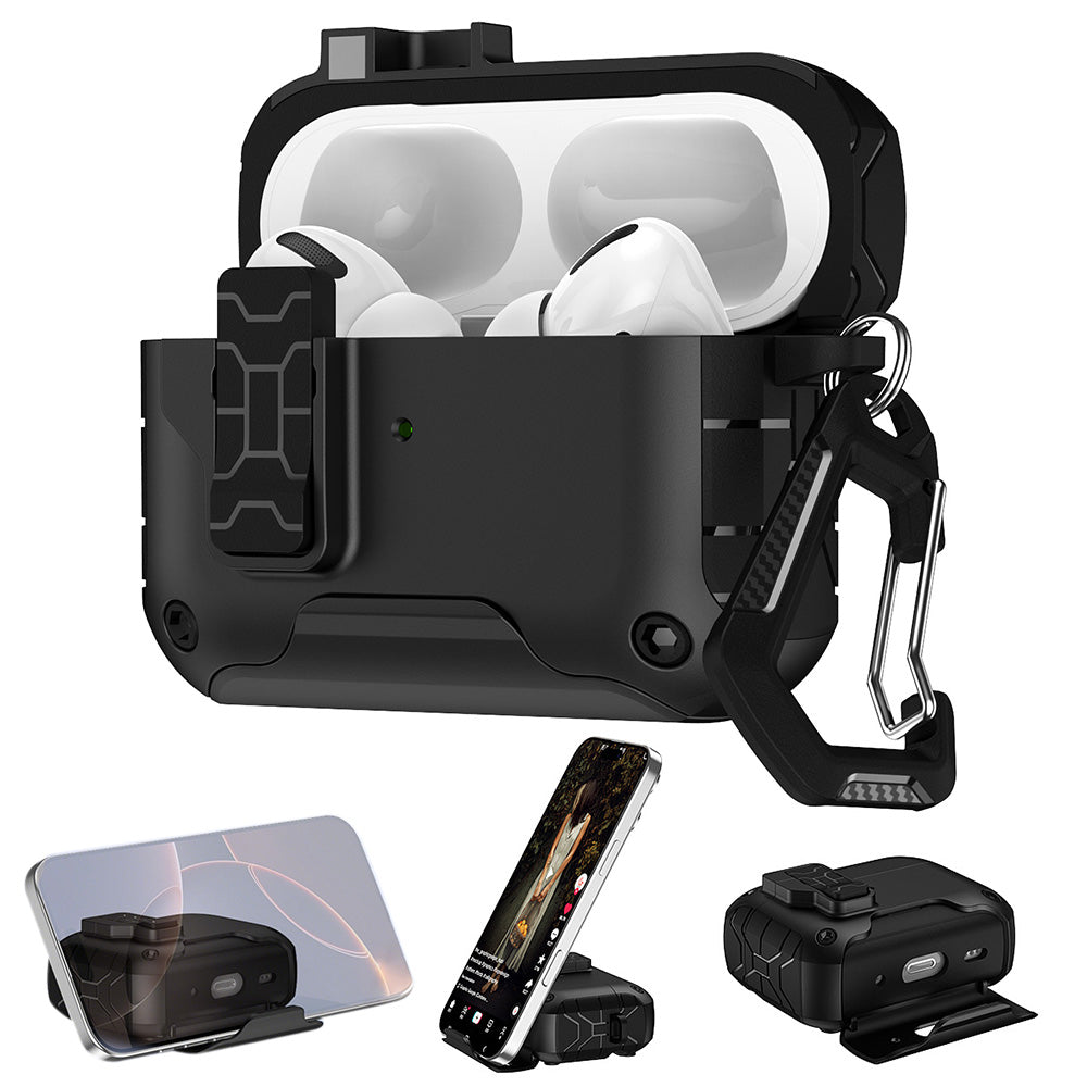 Rugged Protective Case for Airpods Pro 3 with Carabiner Clip and Kickstand-Black