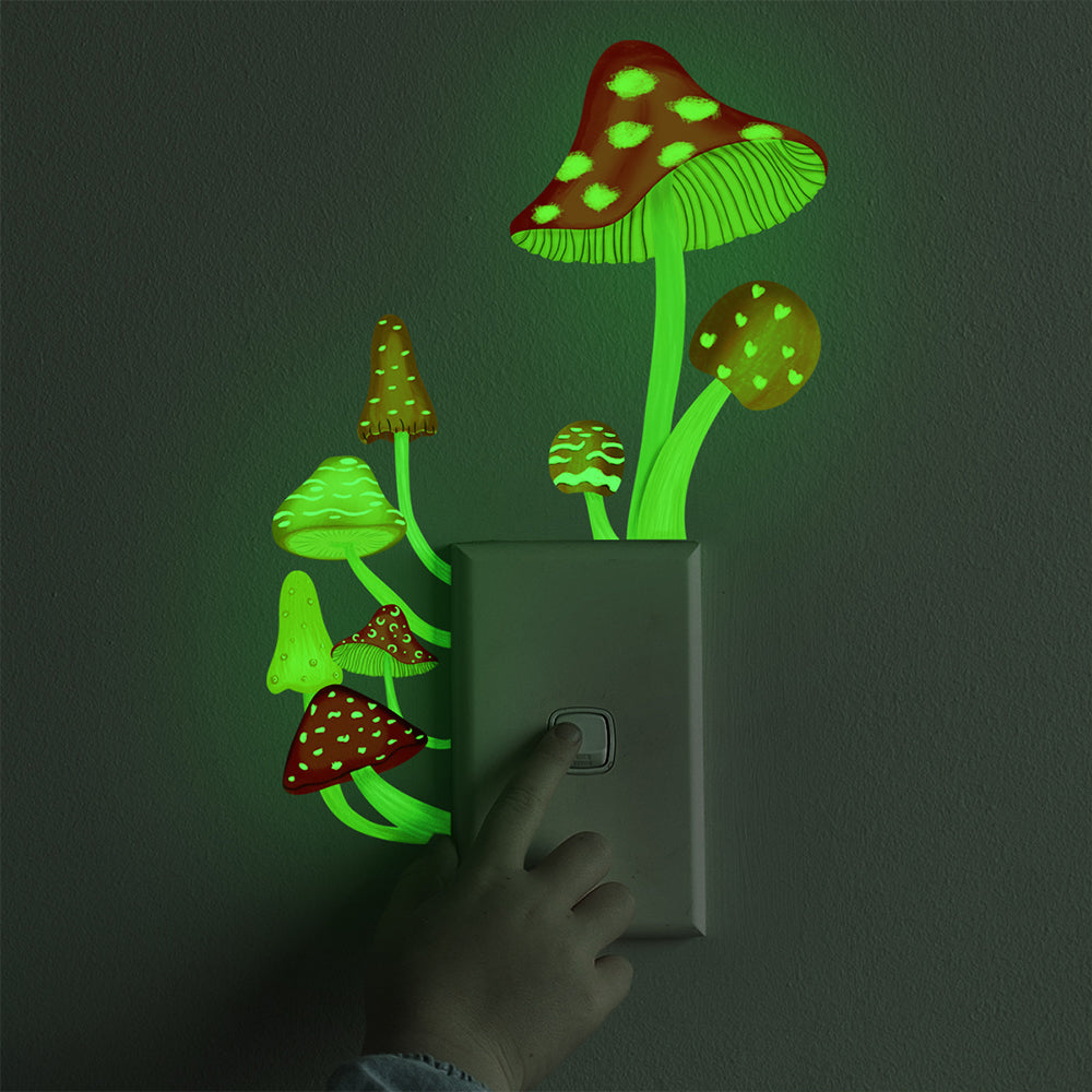 2Pcs Glow in The Dark Mushroom Wall Sticker Luminous Mushroom Light Switch Decals Red and Multicolour