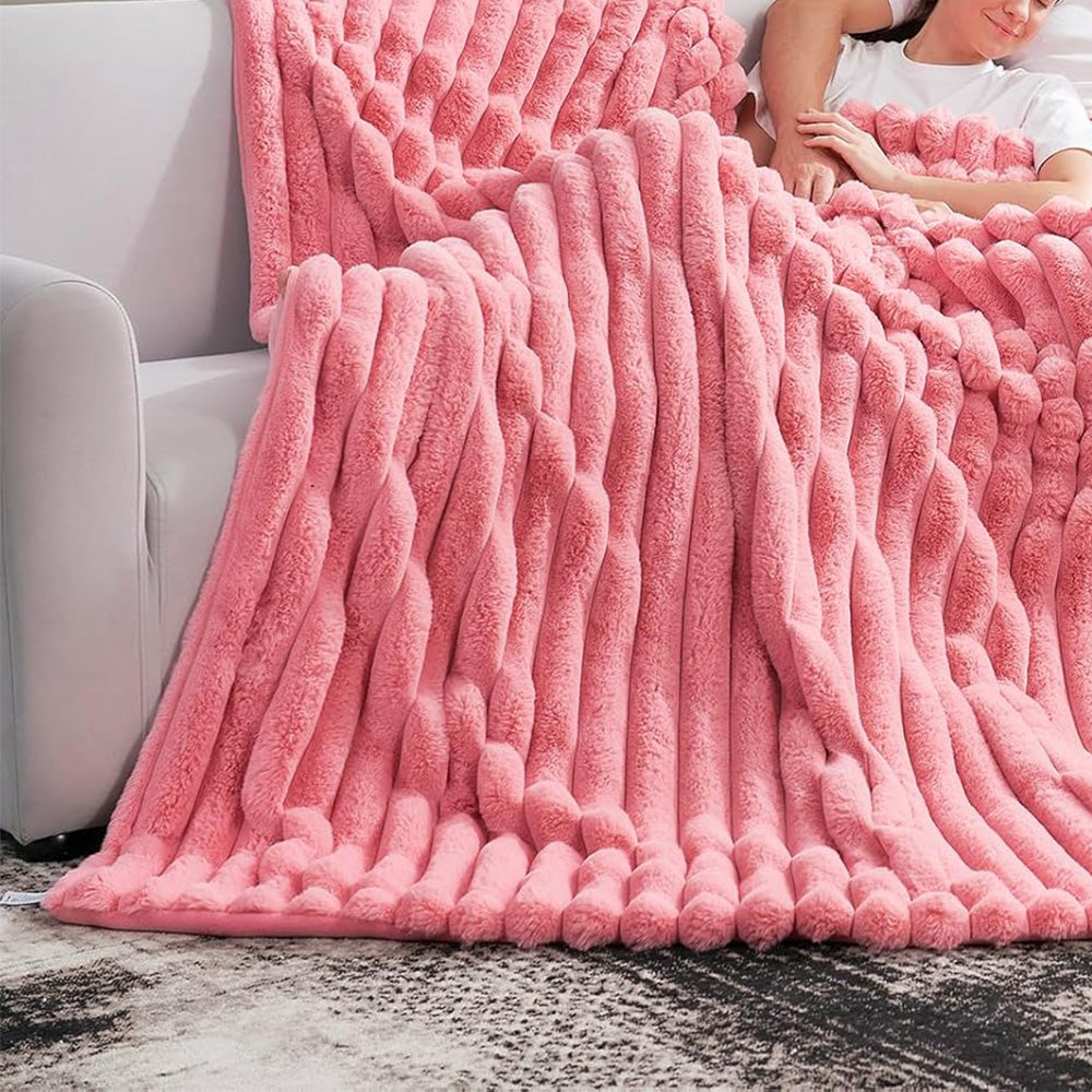 Cozy Plush Throw Blanket Fuzzy Bubble Blanket for Sofa Bedroom Living Room Pink