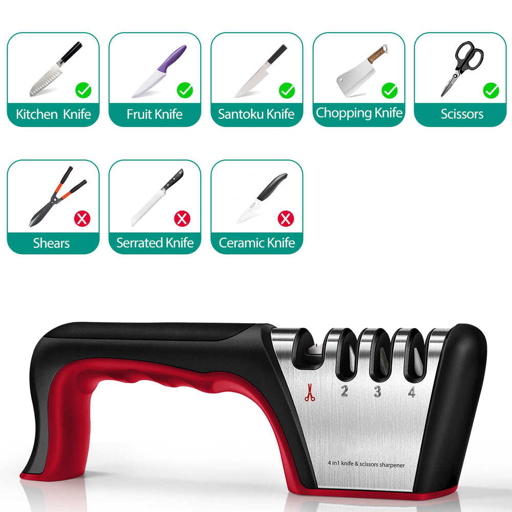 4 Stage Knife Sharpener Non Slip Base Kitchen Scissor Sharpener - Red
