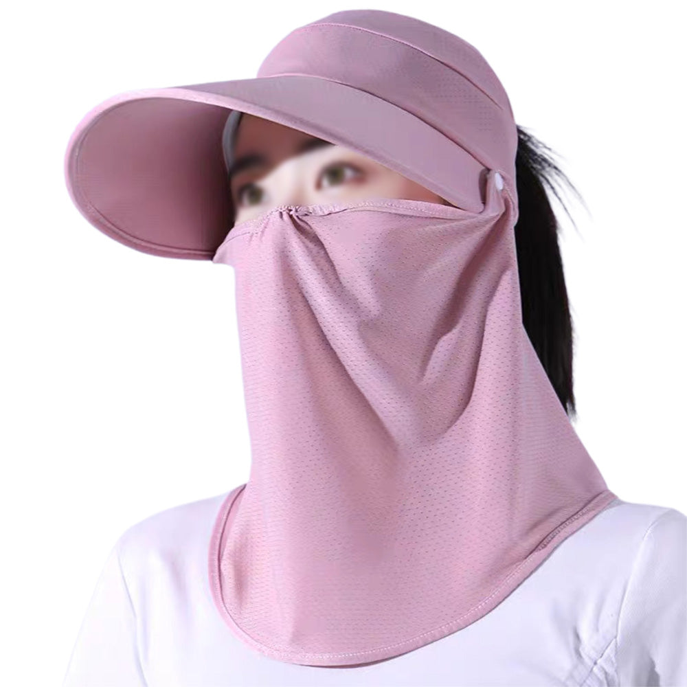 3 in 1 Ponytail Sun Hat with Detachable Face Cover and Chin Strap - Pink