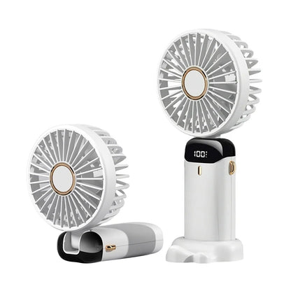 3-in-1 5 Speed USB Handheld Fan Mini Folding Digital Display Fan with Lanyard and Base White