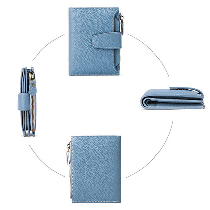 Genuine Leather Women's Wallet Short RFID Blocking Purse with Zipper Light blue