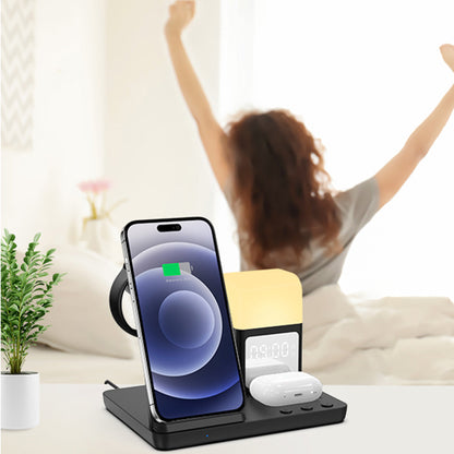 Wireless Charging Station with Alarm Clock Night Light 6-in-1 Charging Dock for Smartphone/Watch/Earbuds