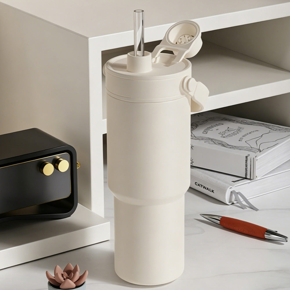 Dual Lid Tumbler with Straw 735ml Vacuum Insulated Water Bottle-White