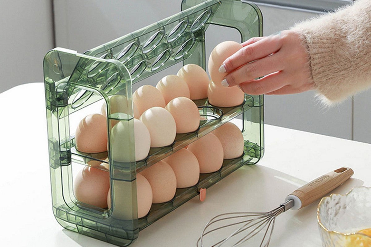Egg Holder for Refrigerator 3-Layer Flip Fridge Egg Tray Container-Green