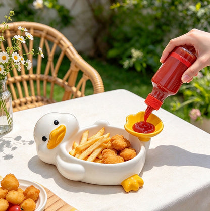 Ceramic Duck Shaped Snack Bowl with Built In Dipping Sauce Compartment