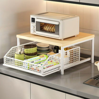 Kitchen Countertop Riser Metal Storage Rack with Pull Out Drawer Organizer White