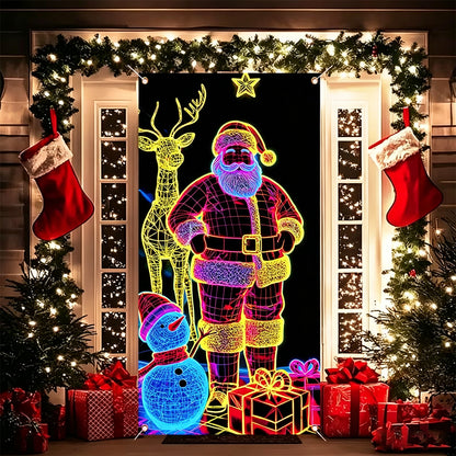 90x180cm 2D UV Reactive Christmas Glow Door Curtain - Santa Claus and Deer