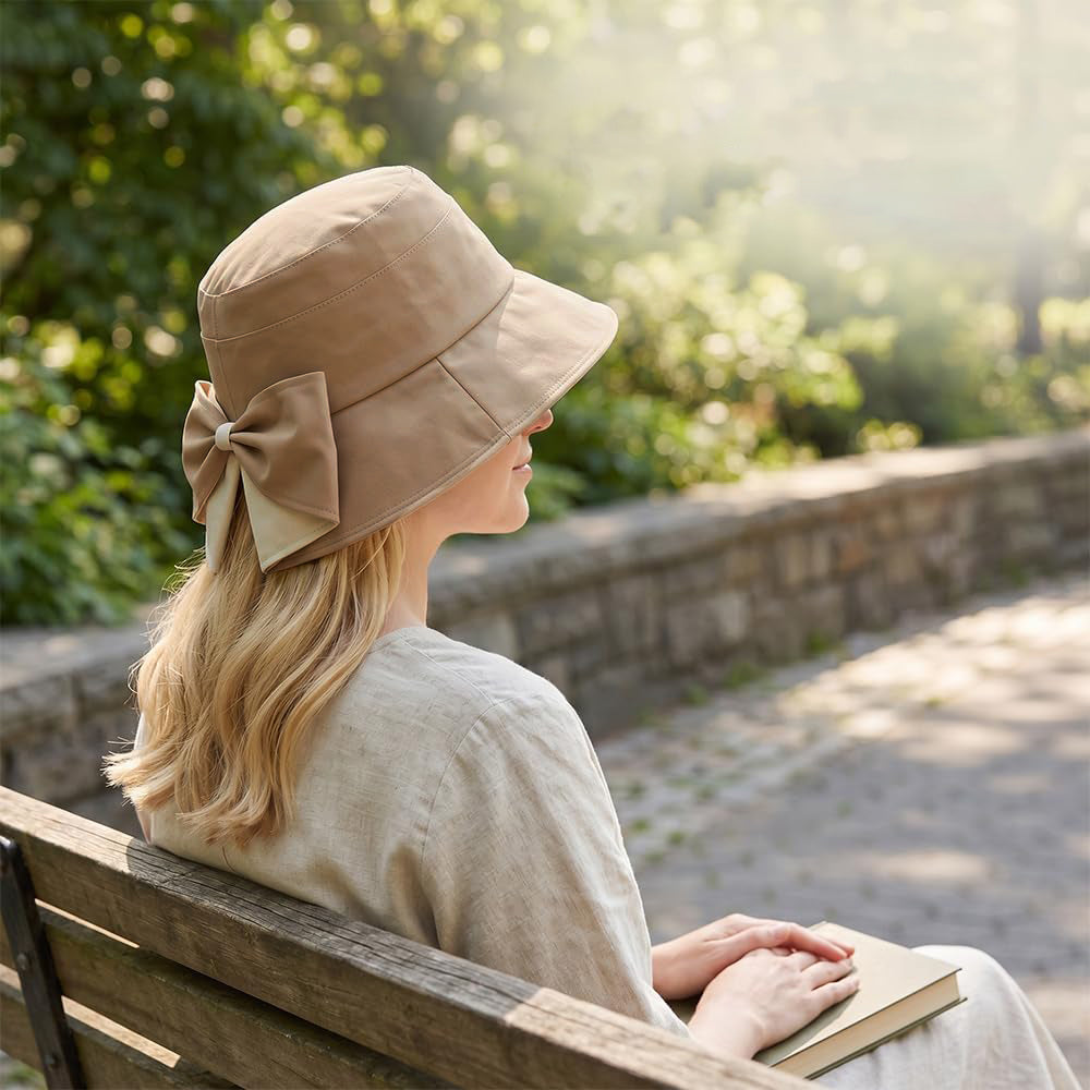 Wide Brim Bow Sun Hat Foldable Breathable Hat for Women - Khaki