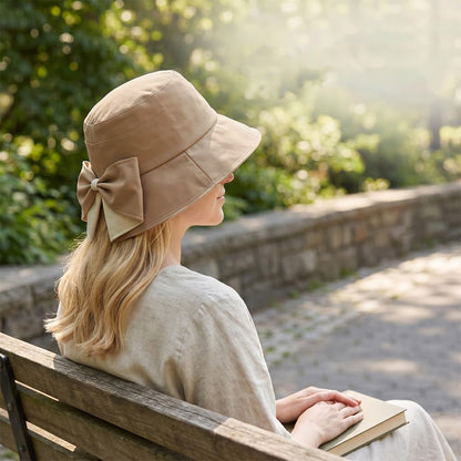 Wide Brim Bow Sun Hat Foldable Breathable Hat for Women - Khaki