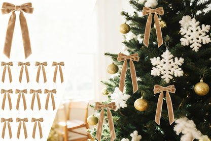 12Pcs Velvet Ribbon Bows for Christmas Tree Vintage Rustic Craft Bows -Coffee