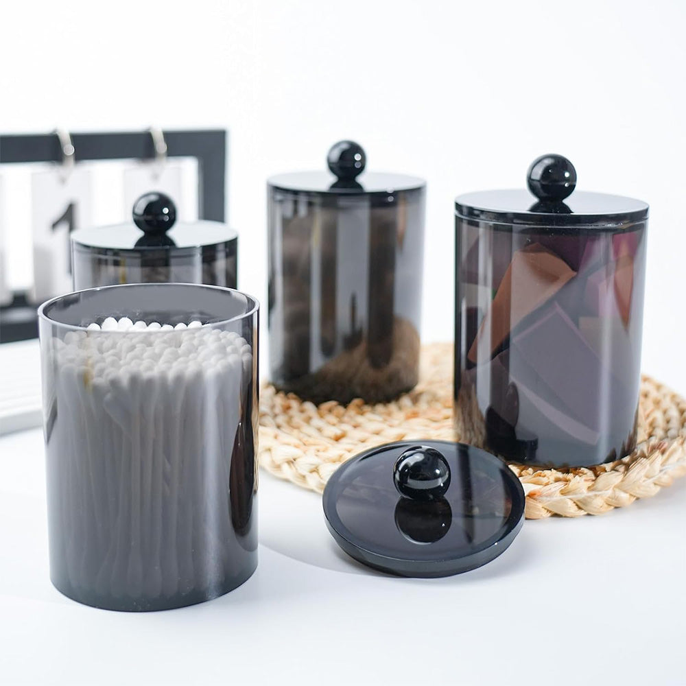 4 Pack Round Cotton Swab Holder with Lid Dental Floss Container-Black