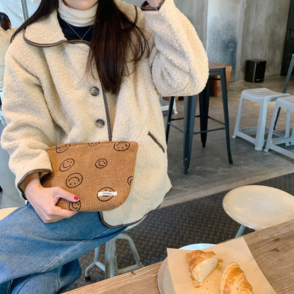 Corduroy Makeup Bag Cute Smile Dots Face Case Handbag with Zipper for Women Brown