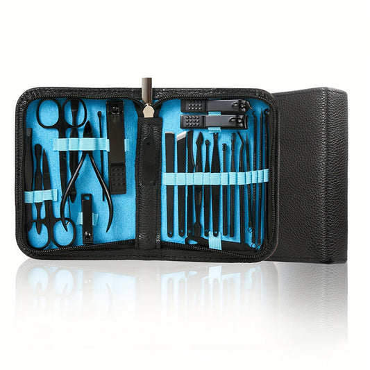 26Pcs Stainless Steel Nail Clipper Set Manicure Pedicure Kit Leather Case-Blue