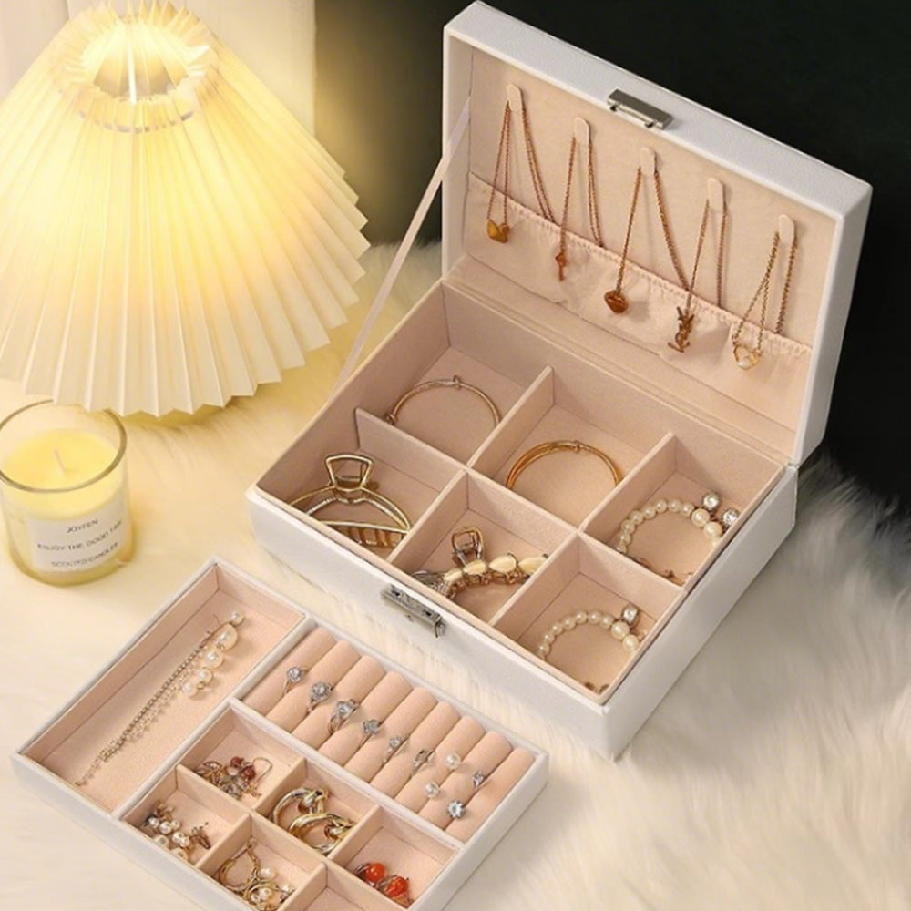 Jewellery Organiser Case Box Holder Storage Earring Ring Display with Lock and Key-White