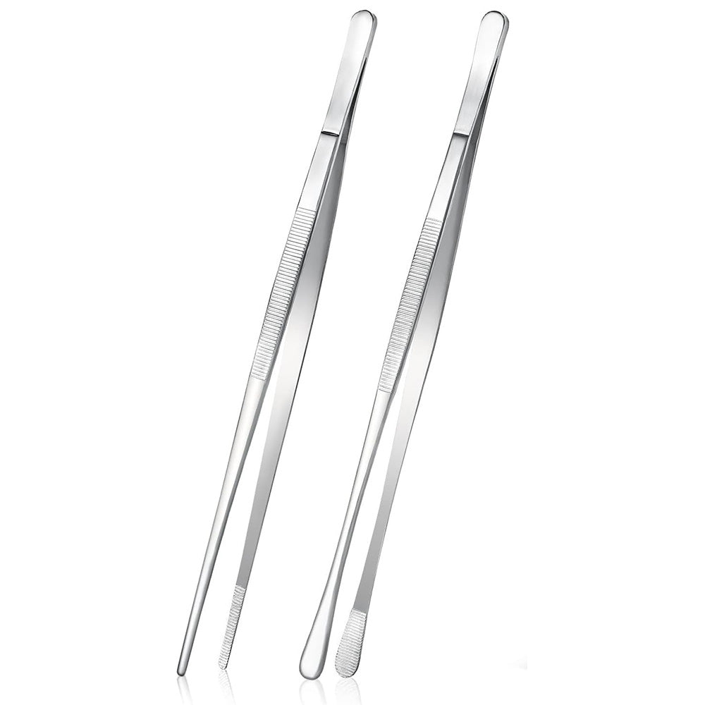 2 Pack 30cm BBQ Tongs Stainless Steel Round and Straight Head for Grilling Cooking-Silver