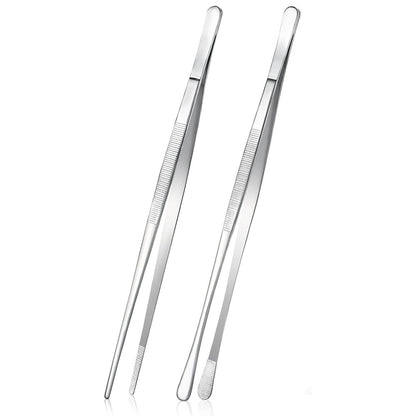 2 Pack 30cm BBQ Tongs Stainless Steel Round and Straight Head for Grilling Cooking-Silver