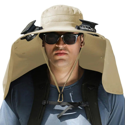 Outdoor Wide Brim Sun Hat with 2 Solar Fan Sun Bucket Hat for Fishing Camping Hiking Khaki