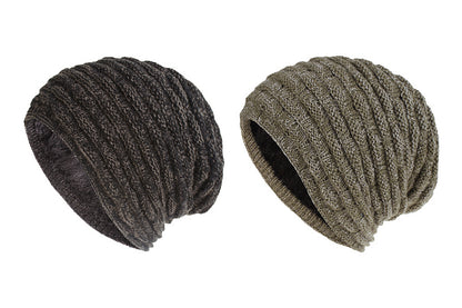 2Pcs Men Women Unisex Winter Warm Fleece Lined Slouchy Knit Beanie Hat-Black And Dark Grey
