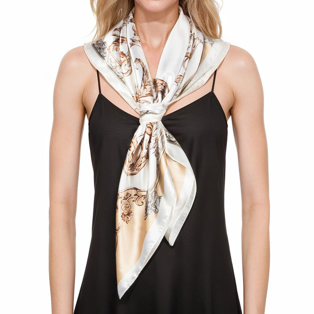 90cm Square Head Scarf Printed Satin Hair Scarf Bandanas for Women-Beige