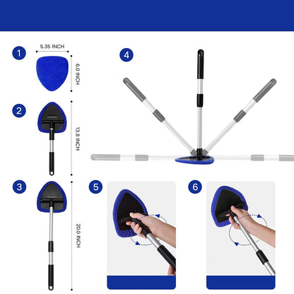 11Pcs Car Windshield Cleaning Tool Kit Telescopic Pole with Washable Pads