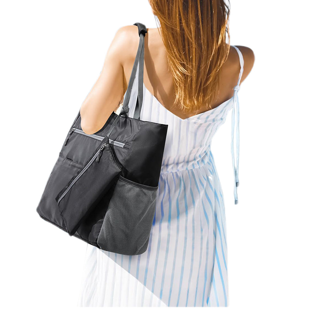 Beach Bag Large Foldable Sandproof Totes Bag With Zipper Beach Shoulder Bag-Black