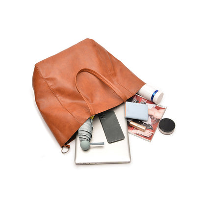 PU Leather Travel Tote Bag and Cosmetic Bag Set Large Handbag for Women Brown