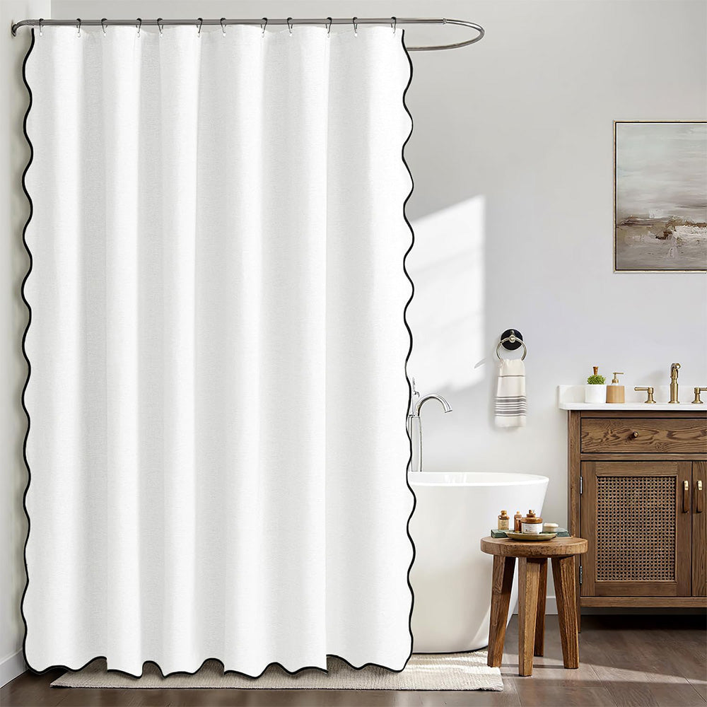 Waterproof Shower Curtain Thick Boho Wavy Edge With Rustproof Hooks-White