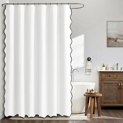 Waterproof Shower Curtain Thick Boho Wavy Edge With Rustproof Hooks-White
