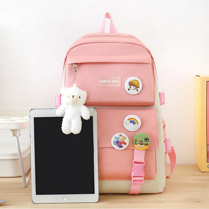 5Pcs Backpack Set for Girls with Tote Bag for Primary Elementary High School-Pink
