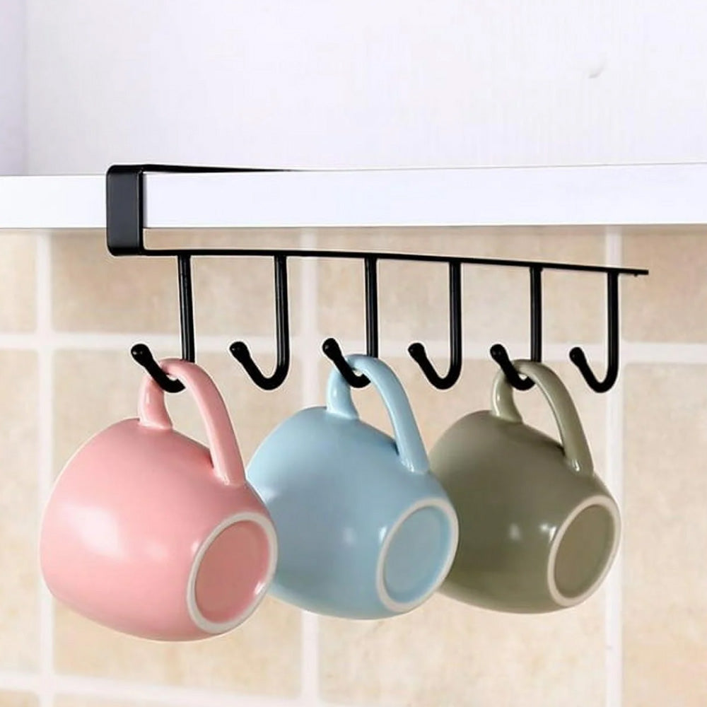 No-Drill Metal Hanging Rack ââ‚?6-Hook Organizer for Cabinets & Closets Black