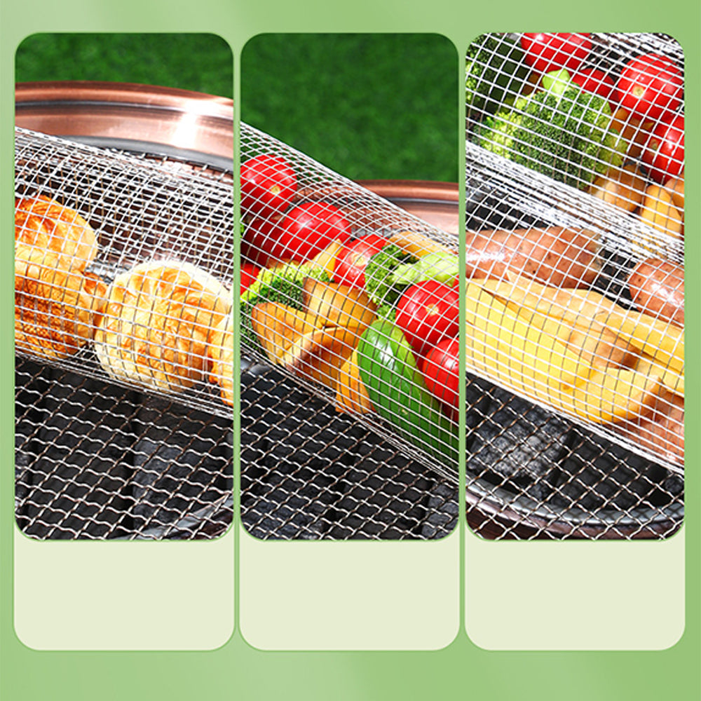 2 Pack Rolling Grill Basket Locking Lid Stainless Steel BBQ Cage