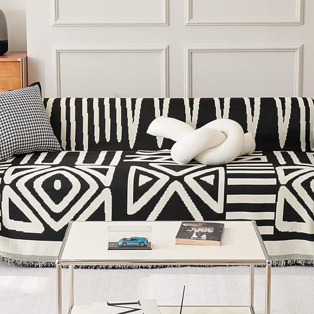 Boho Couch Cover Geometric Sofa Blanket Furniture Protector Black