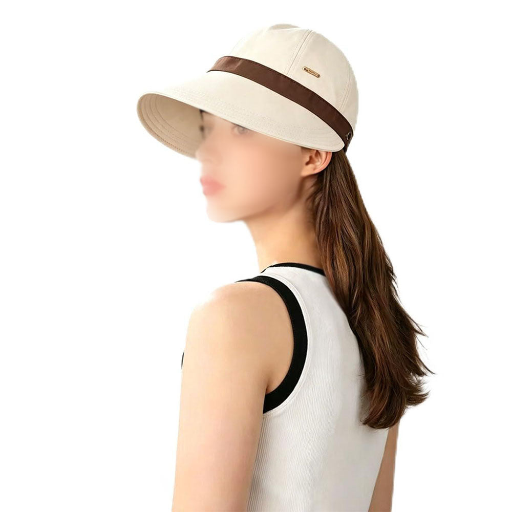 Womens Wide Brim Ponytail Sun Hat Breathable Beach Capp - Beige