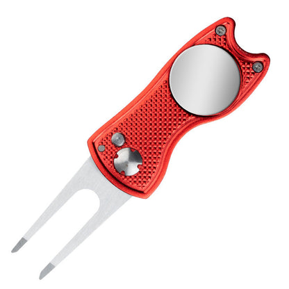 2PCS Magnetized Golf Divot Repair Tool with Pop-up Fork and Ball Marker Red