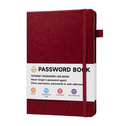 Password Keeper Book with A to Z Alphabet Tabs and Elastic Closure - Red