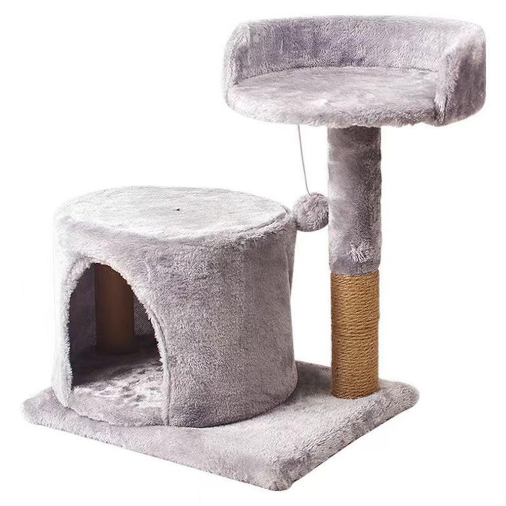 Small Cat Tree Tower with Enclosed Condo Scratching Post and Hanging Toy - Light Grey