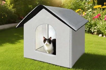 All Season Outdoor Cat House Self-Warming Shelter for Cats & Small Pets -Grey