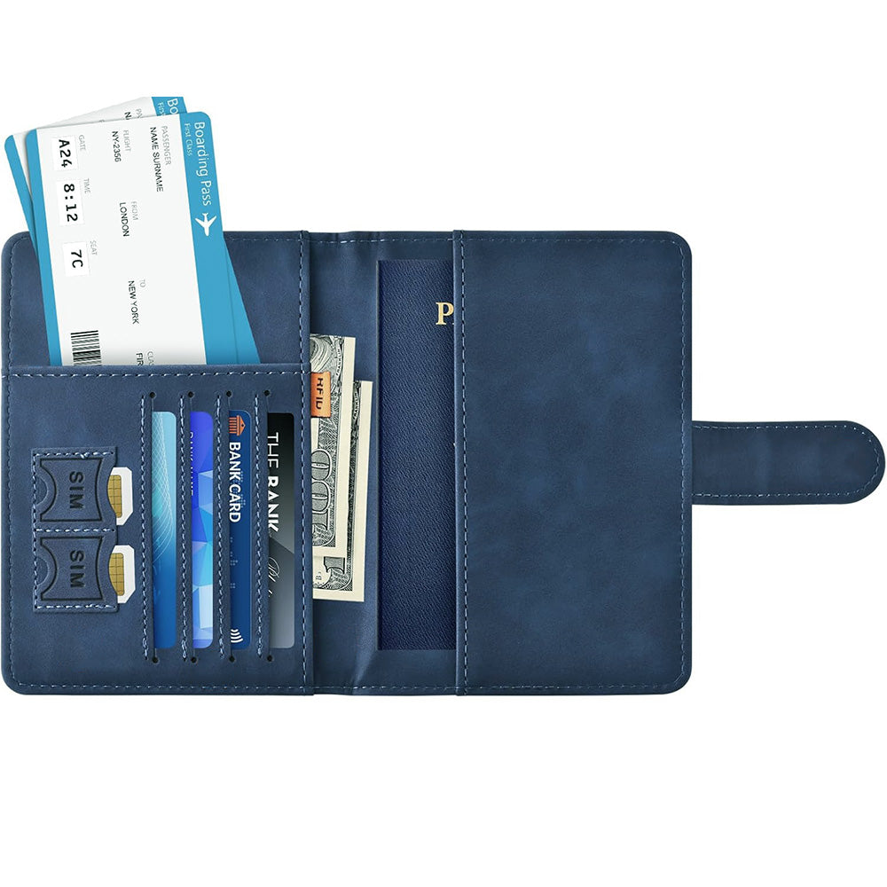 Passport Holder RFID Blocking Leather Cover Wallet With Magnetic Closure For Travel Essentials-Blue
