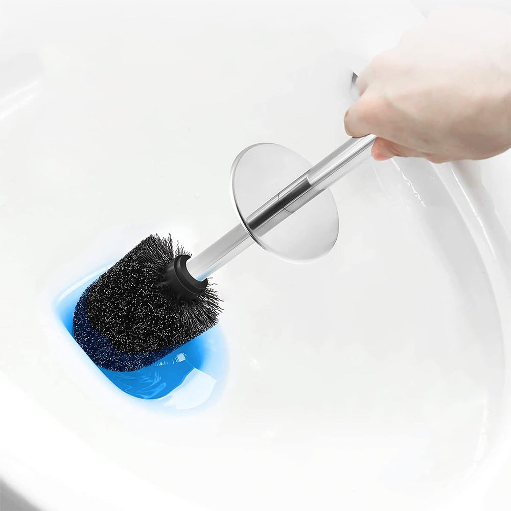 2 Pack Toilet Brush Set with Stainless Steel Handle and Holder - Black