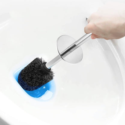 2 Pack Toilet Brush Set with Stainless Steel Handle and Holder - Black